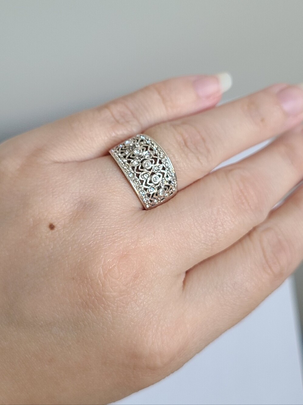 Elegant Sterling Silver CZ Rhinestone Crystal Filigree Chunky Wide Band Ring 6 - Picture 4 of 15